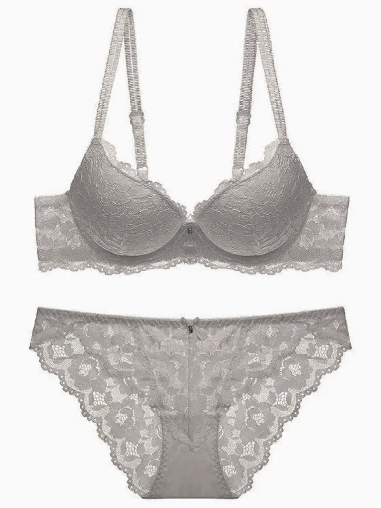 Women's Underwear Set Sexy Hollow Lace Floral Bow Padded Push up Bra Suitable for Small Busts Sexy Bras and Panties