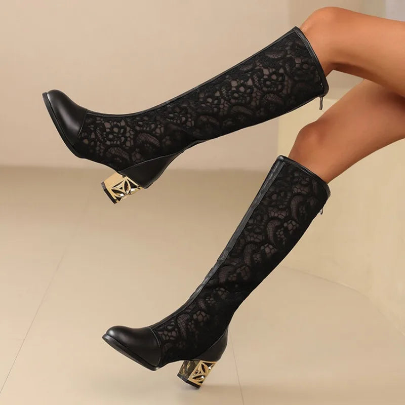 Vintage Hollow Embroider Mesh Surface Knee Length Women's Boot  5.5cm Thick Heel Fashion Women's Boot 34-47 Summer Cool Boots