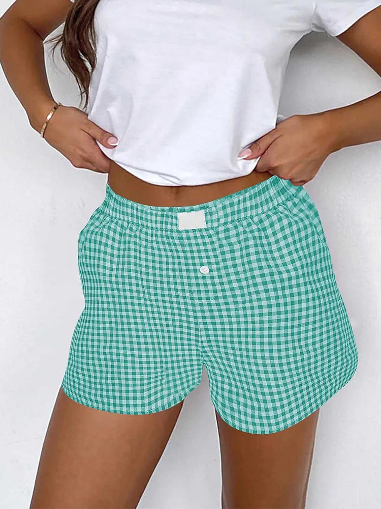 Teen Girls Plaid Shorts Elastic Waistband Pull-On Casual Lounge Summer Outfit Red Blue Color Women's Fashion