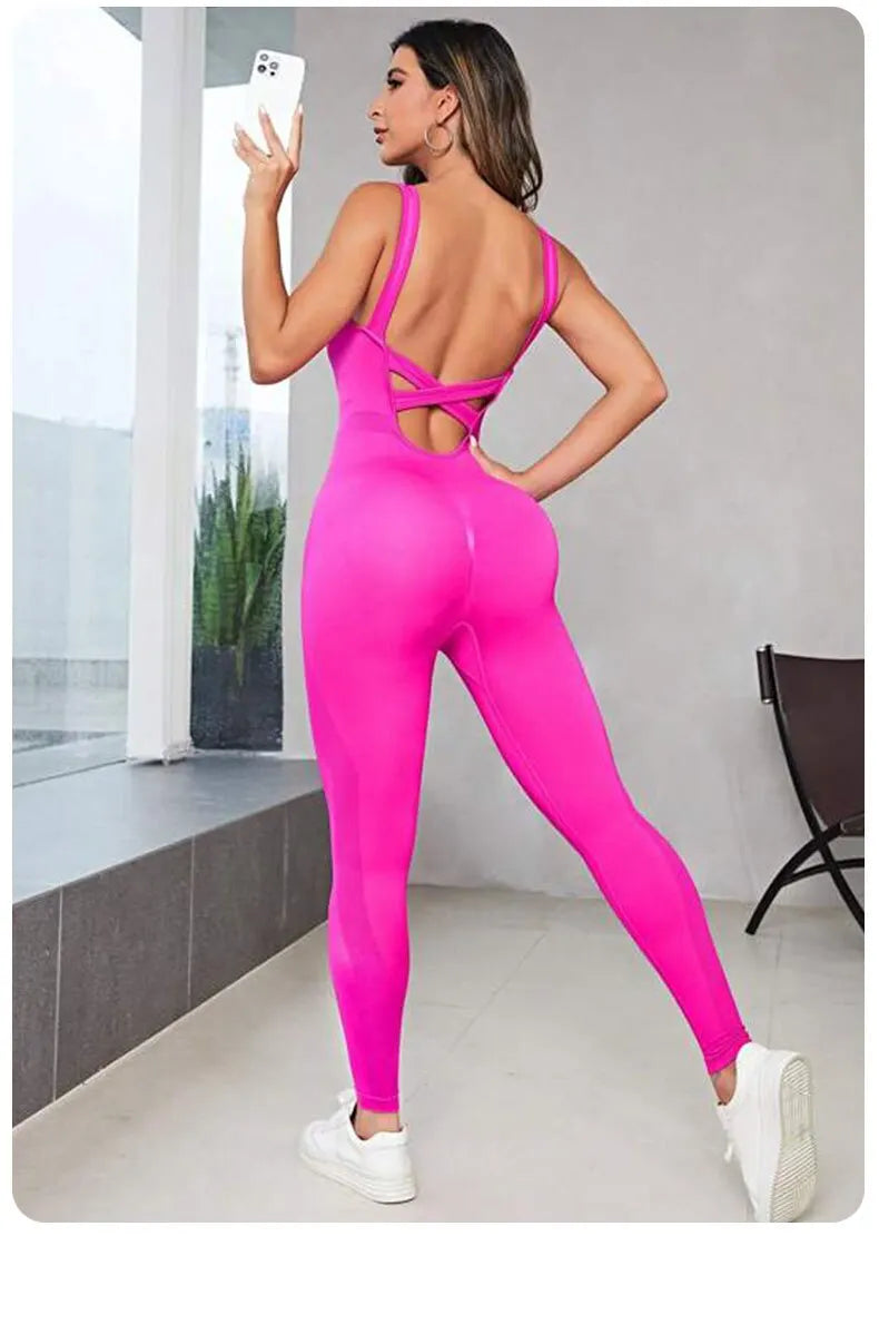 Solid Sleeveless Backless Low Neck High Waist Bodycon Jumpsuits For Women Casual Rompers Activity Jogger Suits Backless Bodysuit