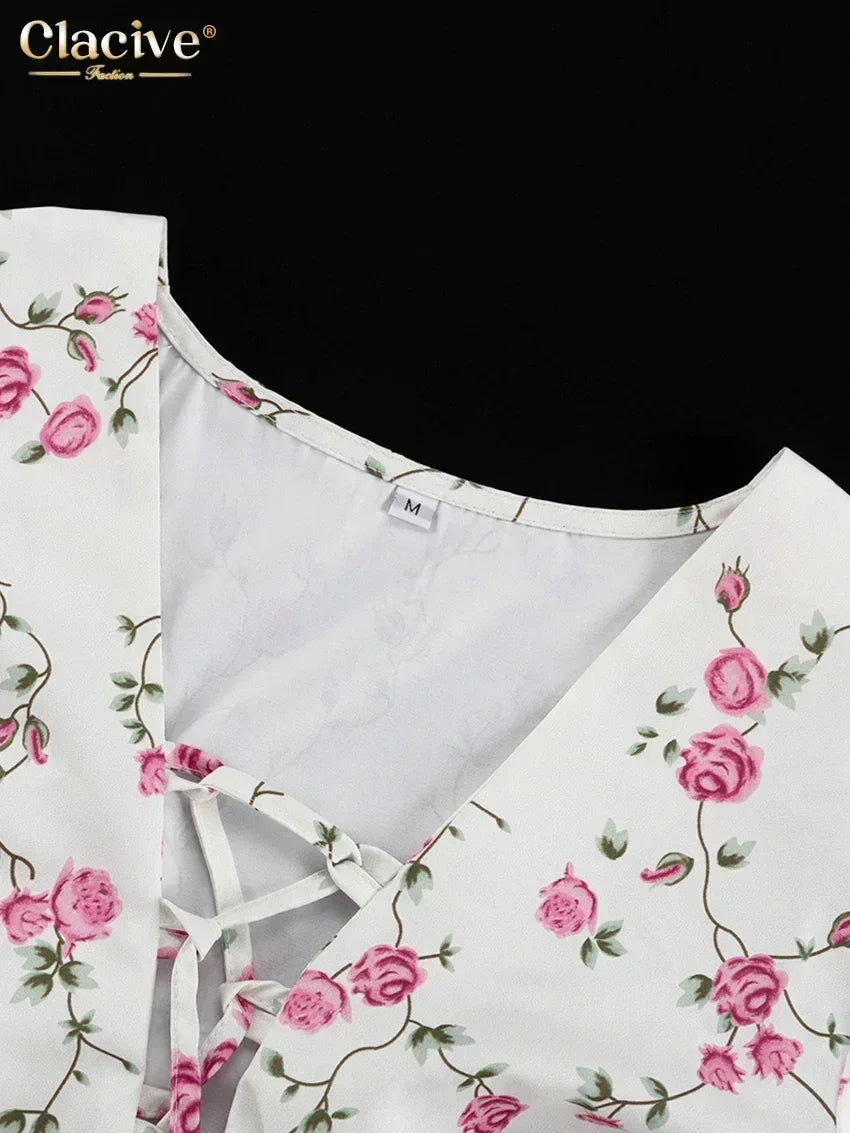 Clacive Summer Slim Print Women's Dress 2024 Sexy V-Neck Short Sleeve Mini Dresses Elegant High Waist Pleated Female Dress