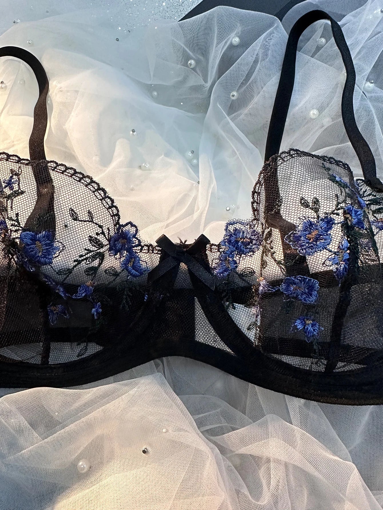 Ladies Classic Black Blue Floral Print Ultra-Thin Bra And Panties Set Elegant Underwear Combo for Women