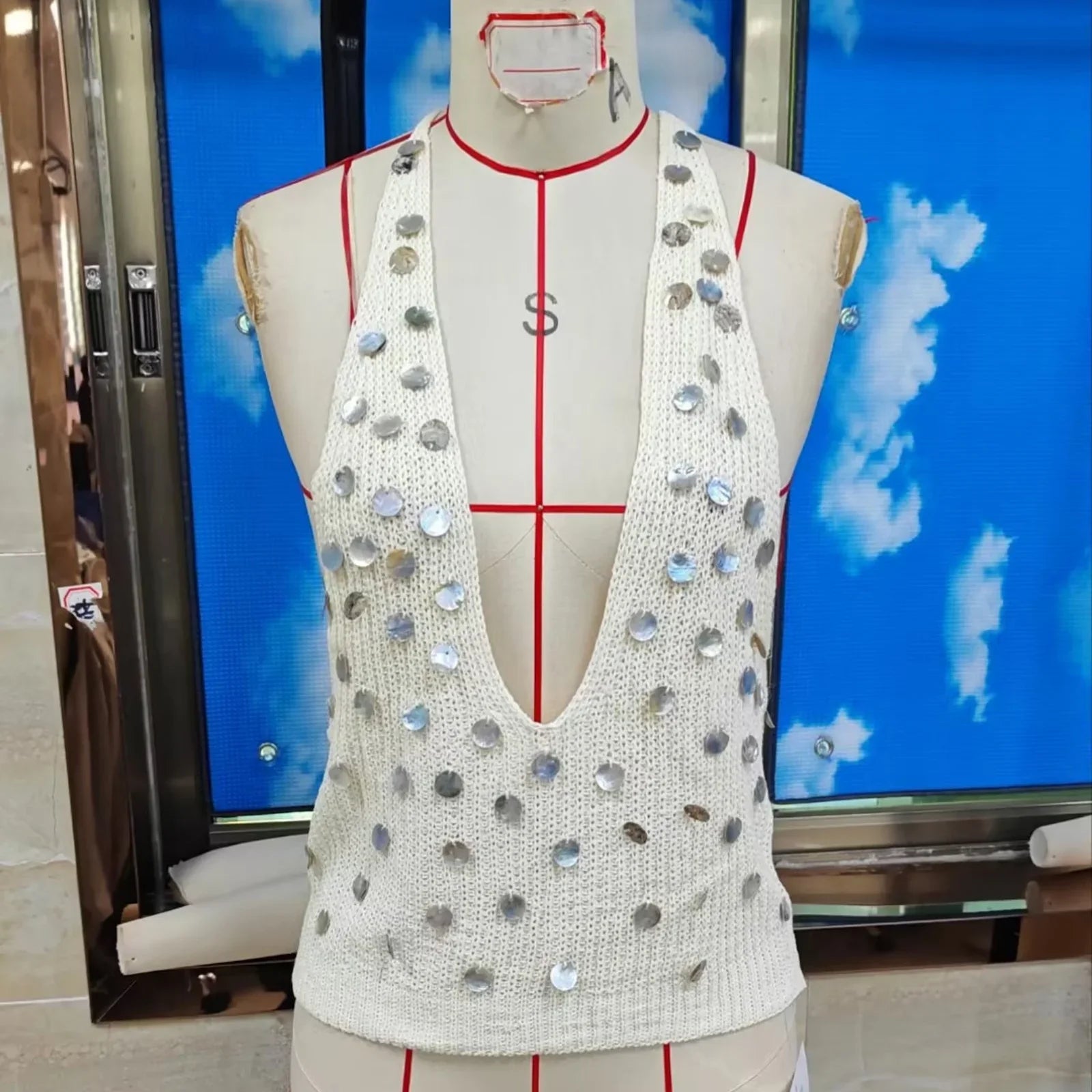 Women Summer Sleeveless Open Back Knit Sequins Tank Tops Solid Color Holiday Beach Halter Neck Vest