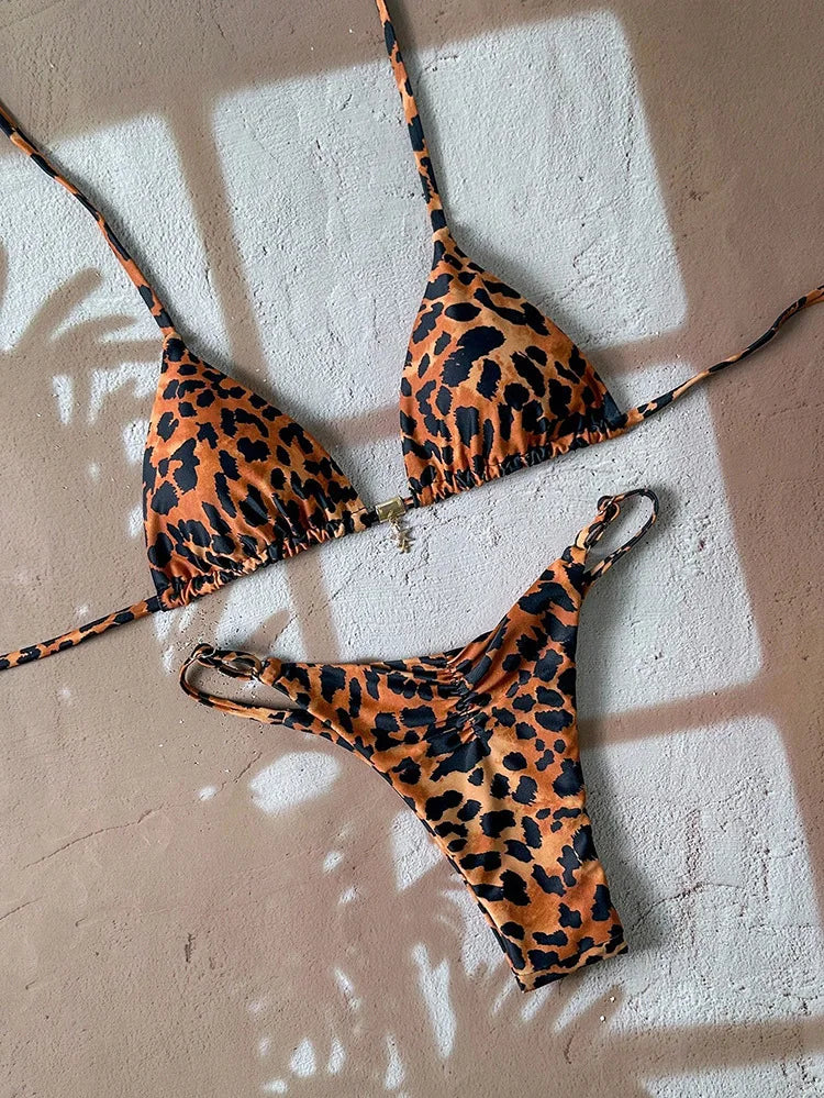 2026 Sexy Bikini 2 Piece Set Drawstring Straps Black Leopard Print Swimsuit For Women Summer New A Knot On The Chest