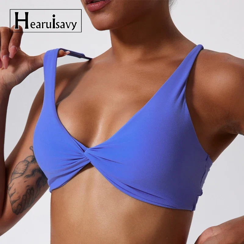 Hearuisavy Summer Sports Bra Shockproof Push Up Gym Top Women Quick-Dry Yoga Clothes Pleated Design Brassiere Workout Crop Top