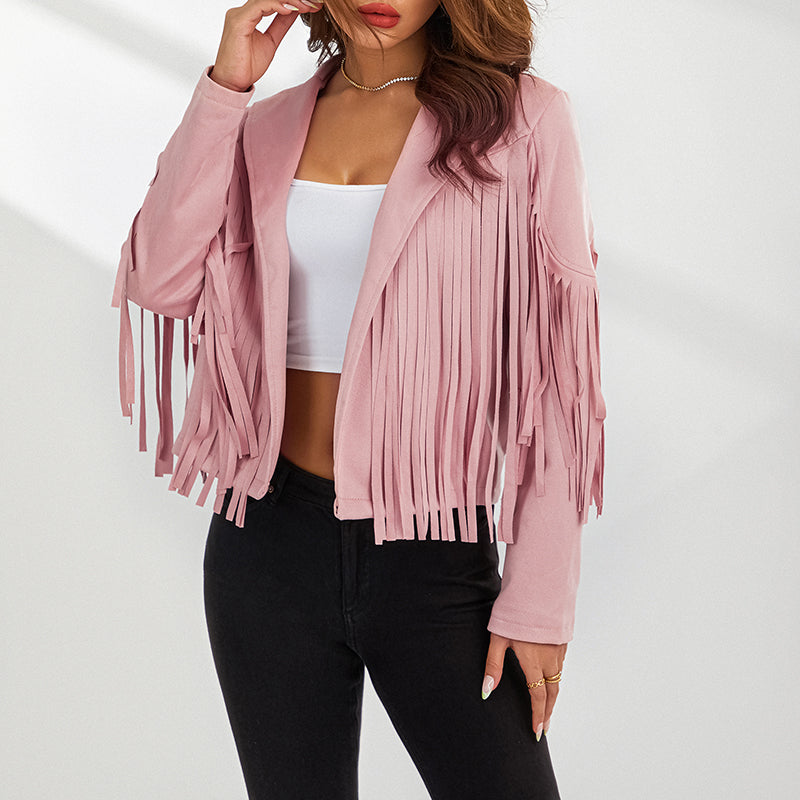 Women Spring Autumn Slim Long Sleeve Open Front Coat Solid Color Collared Jacket with Tassels Black/ Coffee/ Pink