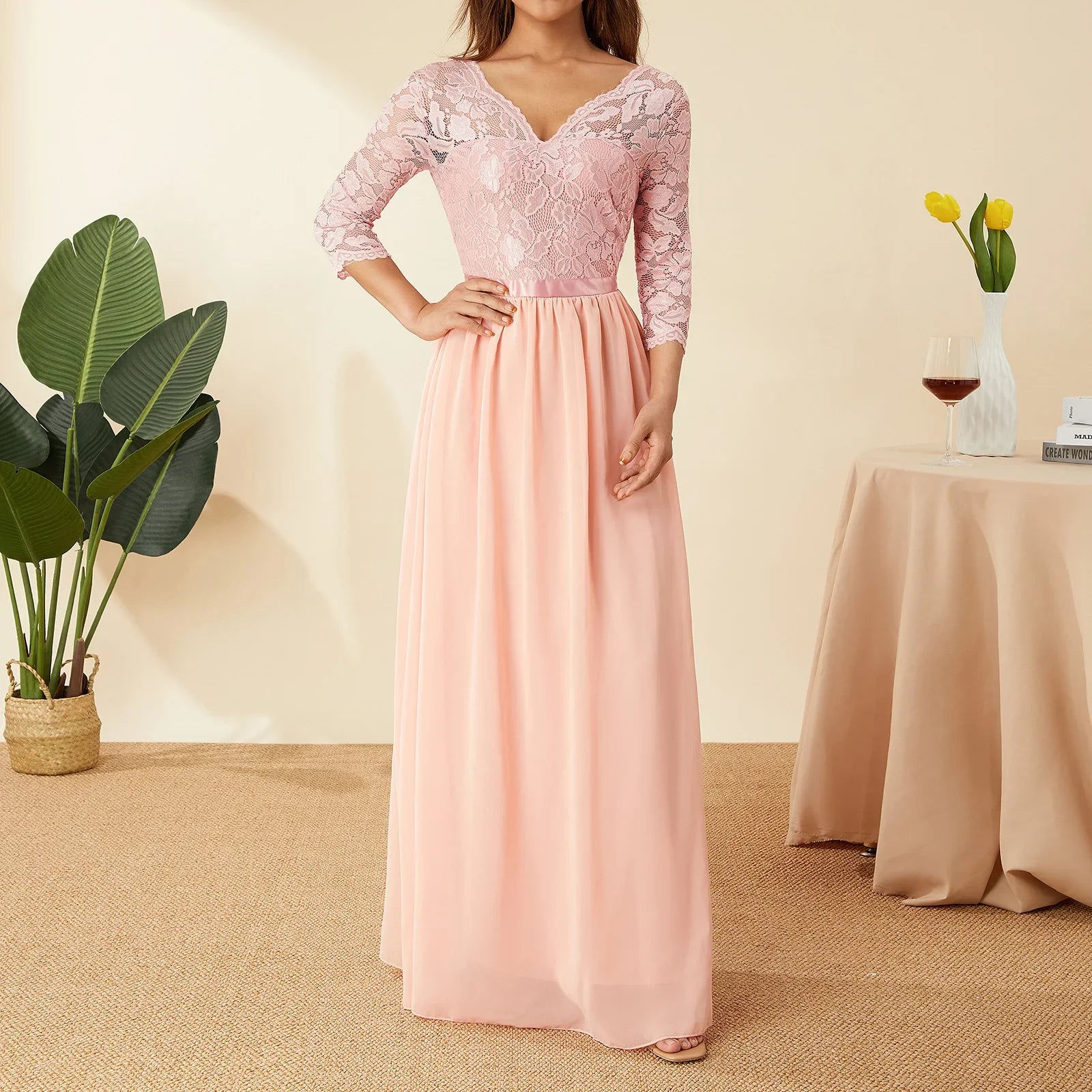 Elegant Lace Chiffon A-Line Long Dresses Women Wedding Dress Bridesmaid Dresses V-neck Mid-Sleeve Backless Zipper Female Dress