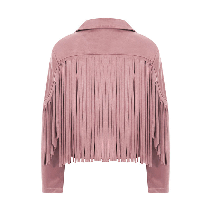 Women Spring Autumn Slim Long Sleeve Open Front Coat Solid Color Collared Jacket with Tassels Black/ Coffee/ Pink