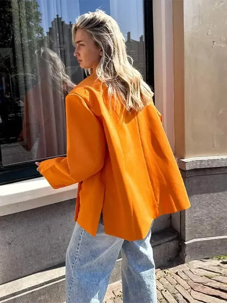 Women's V-Neck Side-Buttoned Suit Jacket Long Sleeve Solid Color Coats Pocket Cuffs Oversize Tops High Street Female Clothes