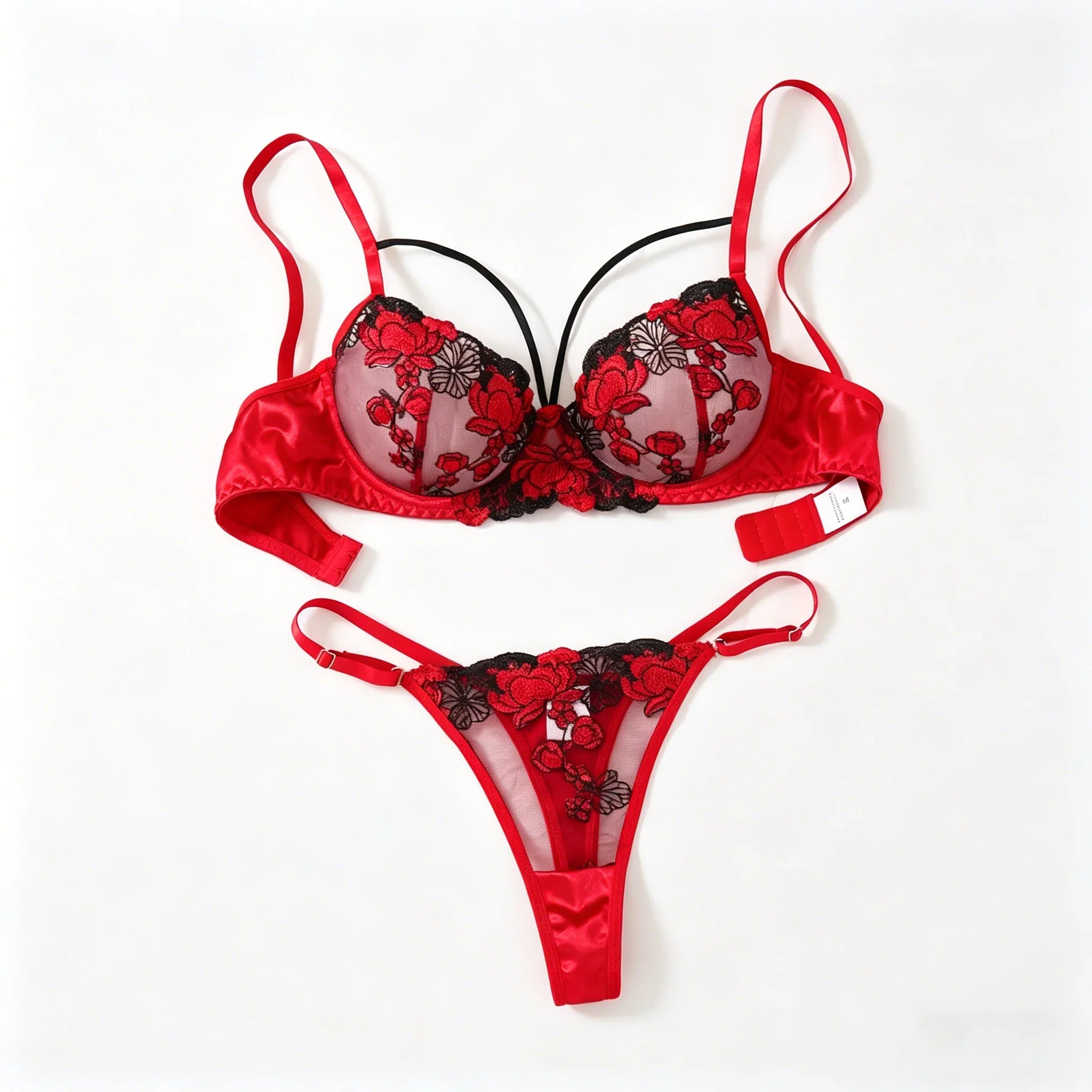Two-piece embroidered bra set - Women's floral embroidered lingerie set - Black and red underwear set ZA825127