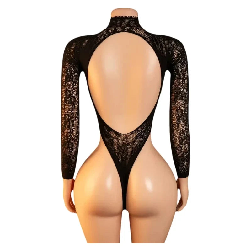 Sexy Lingerie Mesh Backless Open Bra Body Suits Erotic CostumeSee Through Hollow Full Sleeves Jumpsuit Black Plus Size Underwear