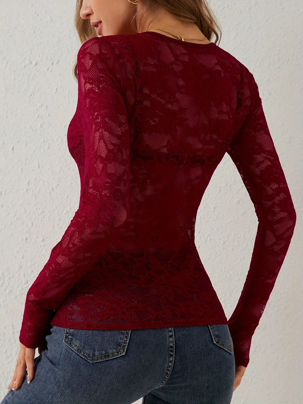 Women Sexy Base Layer Shirt Solid Black Sheer Lace Top Slim Flower Scallop Trim V Neck Long Sleeve T-shirt Trendy Tight Lace Top