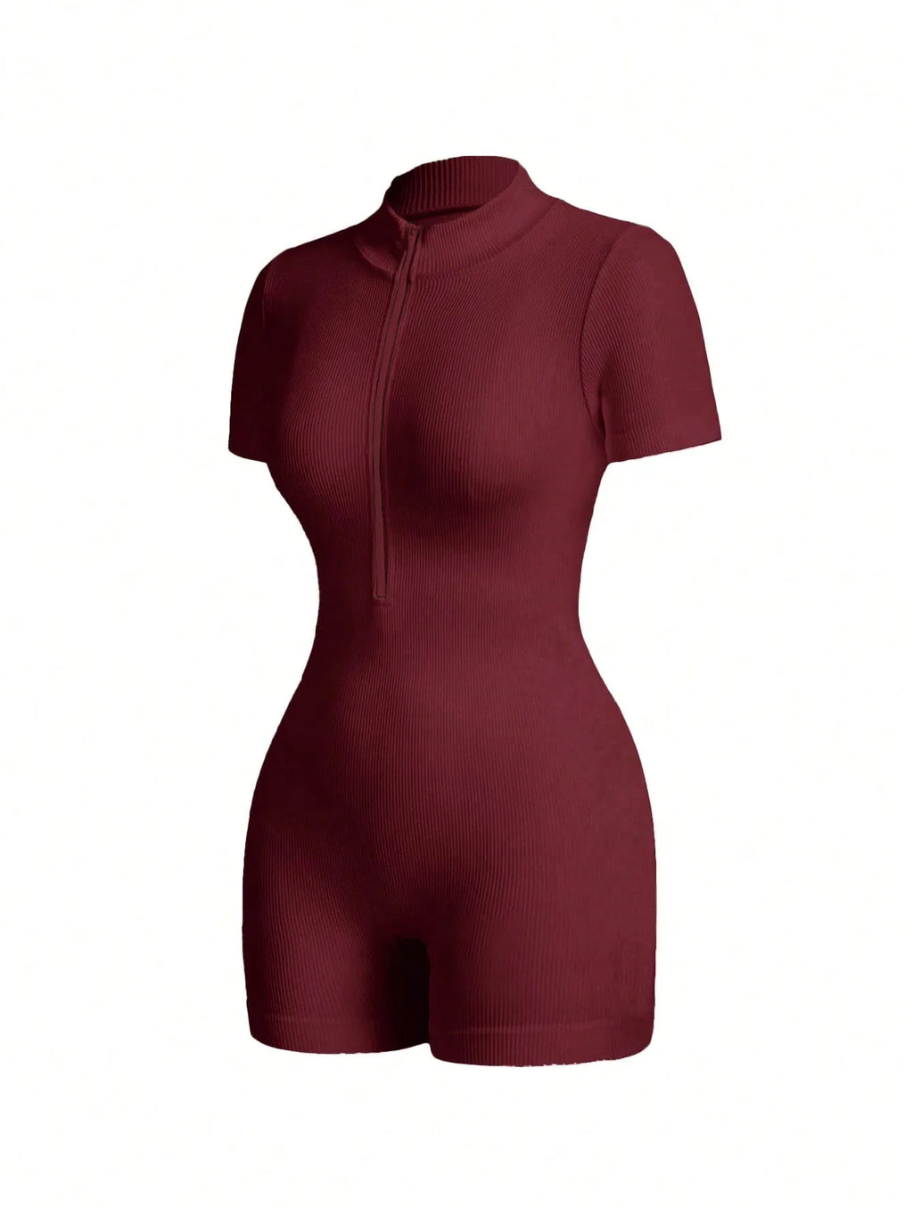 Women's Solid Color Half Zip Ribbed Knit Short Sleeve Romper Sports Soft Slim Fit Mock Neck Jumpsuit Streetwear 2025 Summer