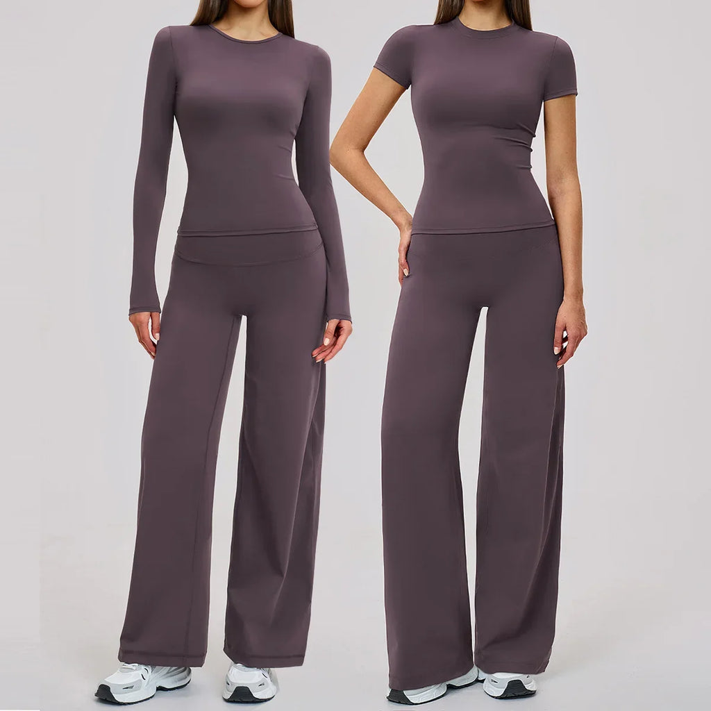 Yoga Set 2 Pieces Women Fitness Sportswear Gym Loose wide-leg pants Long-sleeved T-shirt Sports Crop Tops Tracksuit Workout Wear