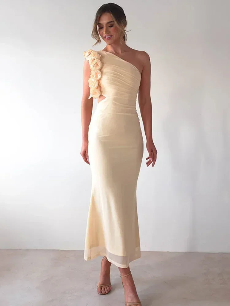 Articat Elegant Sleeveless Slant Shoulder Flower Dress Women Spring/Summer 2025 Sexy Mesh Wrap Hip Dress Party Evening Dress