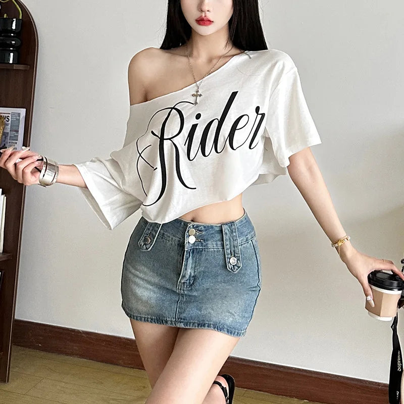 Letter Print Oversized Tees Women Skew Collar Off Shoulders Short Sleeves T-shirt Irregular Hem Hip-hop Style Trend Crop Tops