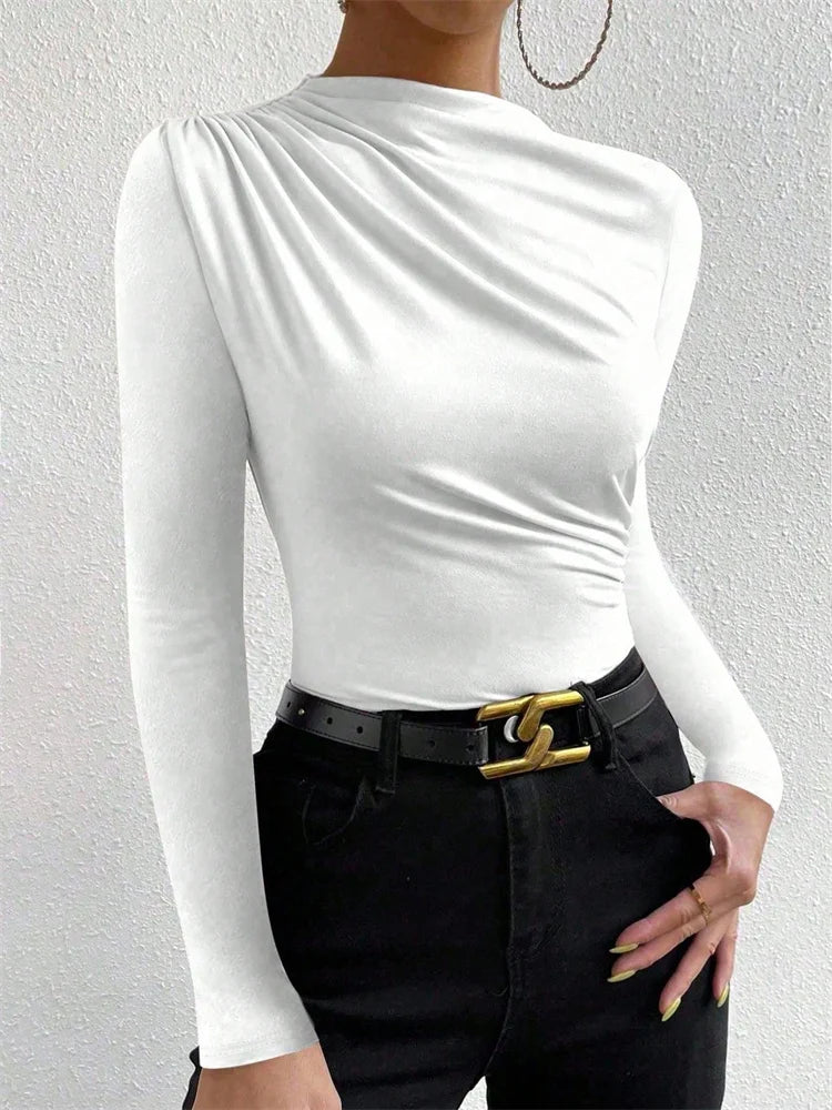 Casual Pleated Mock Neck Long Sleeve T-shirt for Women Autumn Winter Spring Solid Color Ruched Skinny Slim Fit Blouse Top Tshirt