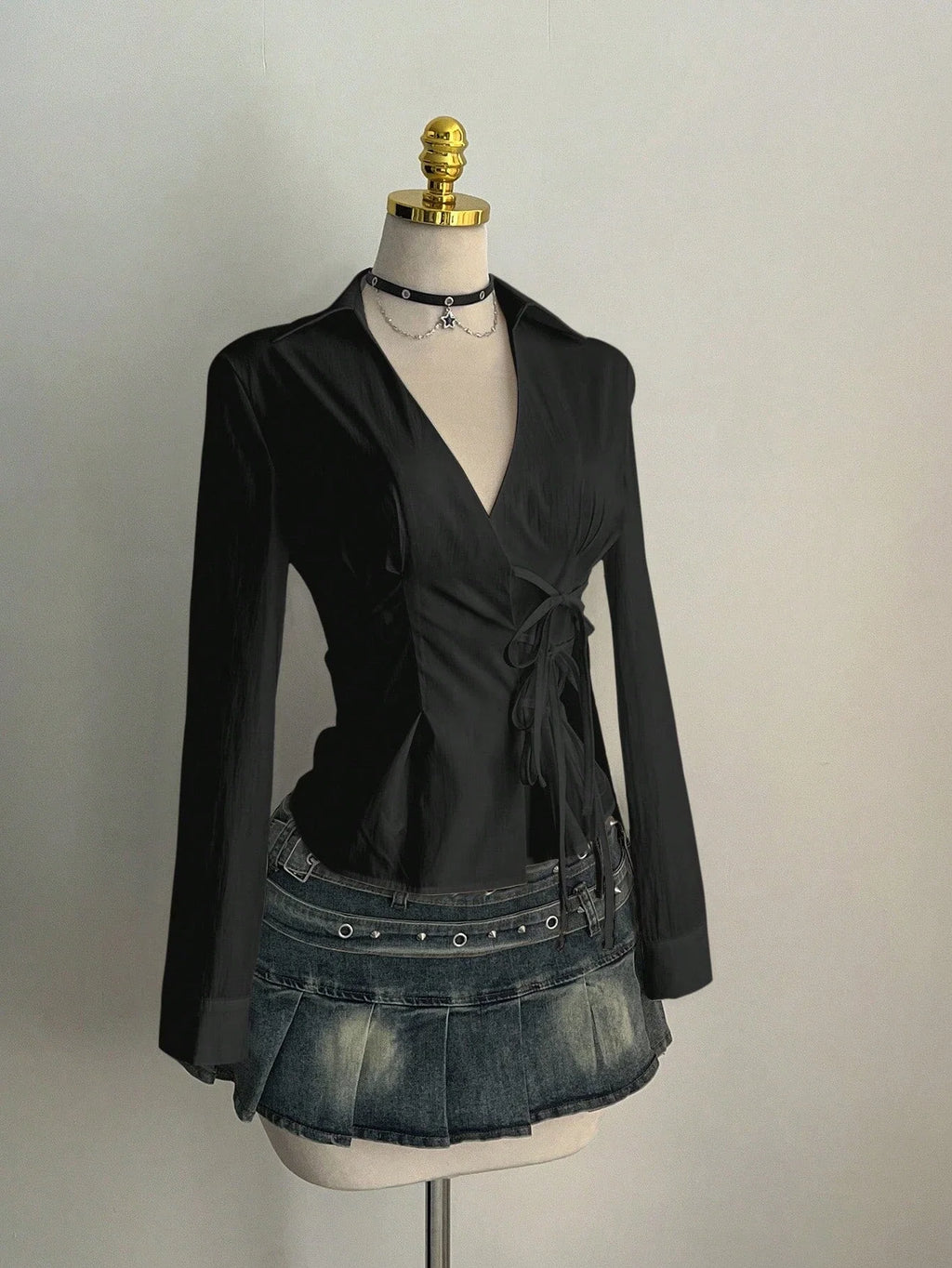 Women's Casual Side Strap Slim Fit Long Sleeve Shirt Sexy V-Neck Pleating Top Spring/Fall 2026
