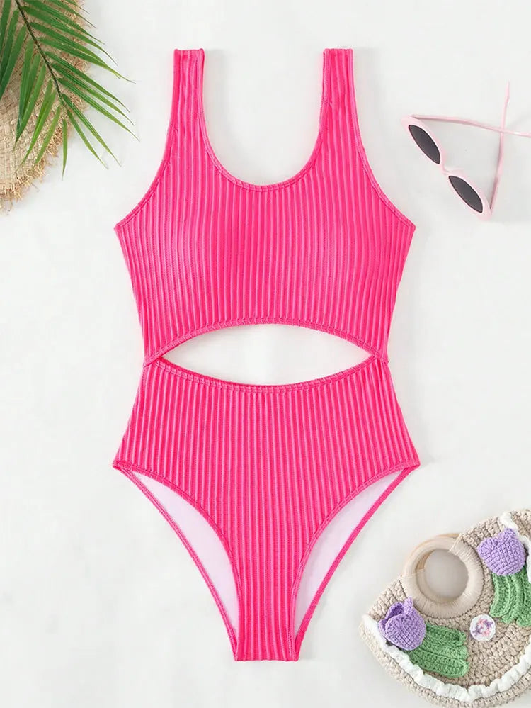 Sexy White One Piece Swimsuit Women New Hollow Out Swimwear 2024 Ribbed Bathing Suit Push Up Monokini Beach Swimming Suit Summer