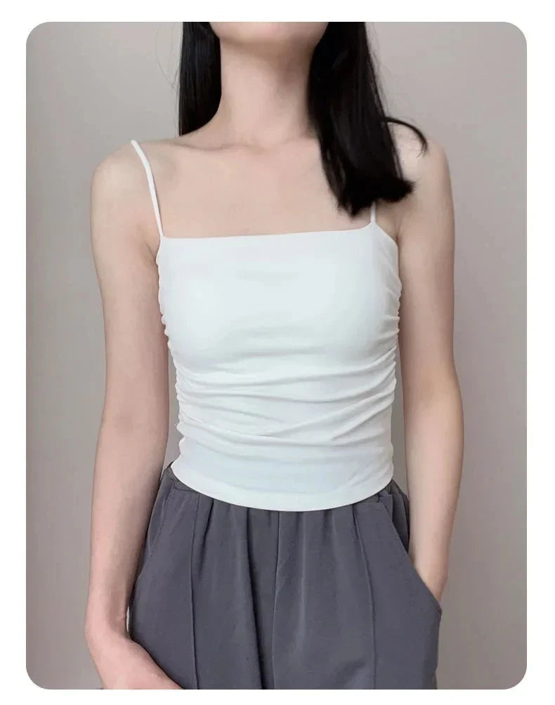 Summer Simple Women's Cotton Sling Camisole Crop Top Sleeveless Shirt Lady Bra Tank Tops Straps Skinny Girls Camisole Base Best