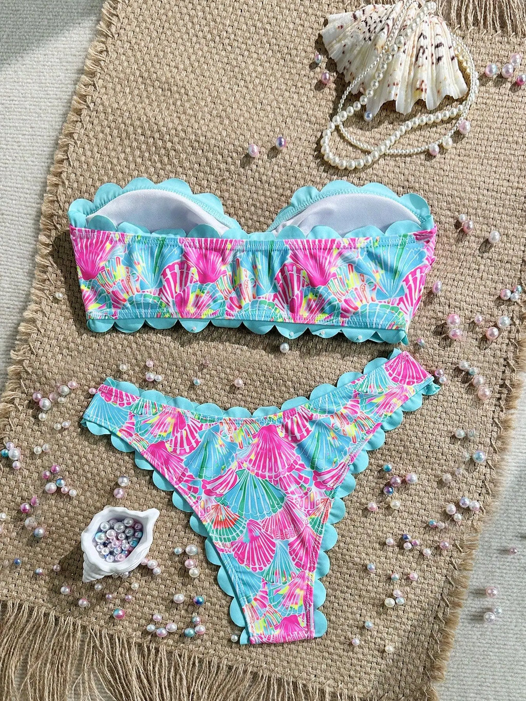 Sexy Ruffles Bandeau Bikini 2026 Women Sky Blue Floral Print Front Bow Push Up High Waist Swimsuit Beach Bathing Suit Swimwear