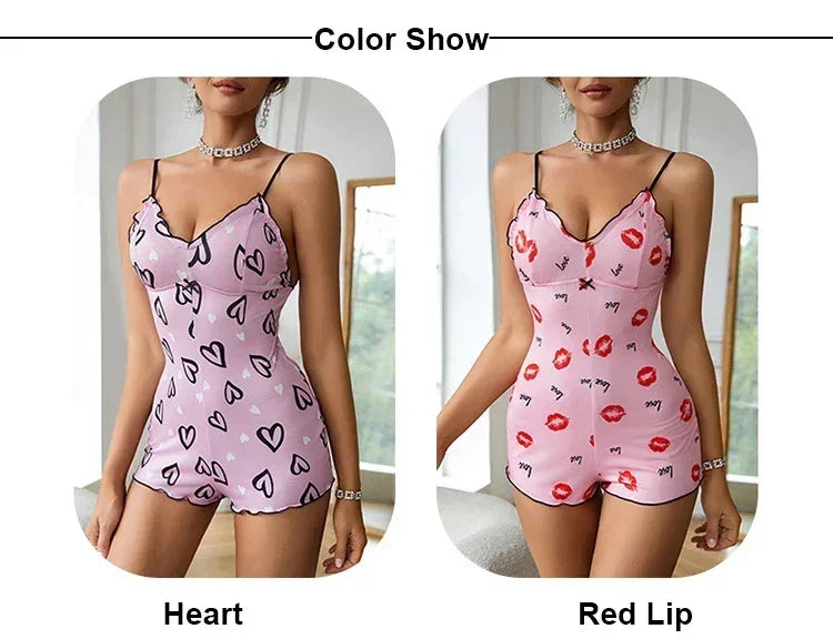Women's Pajamas One Piece Pajamas Red Lip Printed Sleeveless Pijama Short Onesie Adults V-Neck Suspenders Funny Pajamas Bodysuit