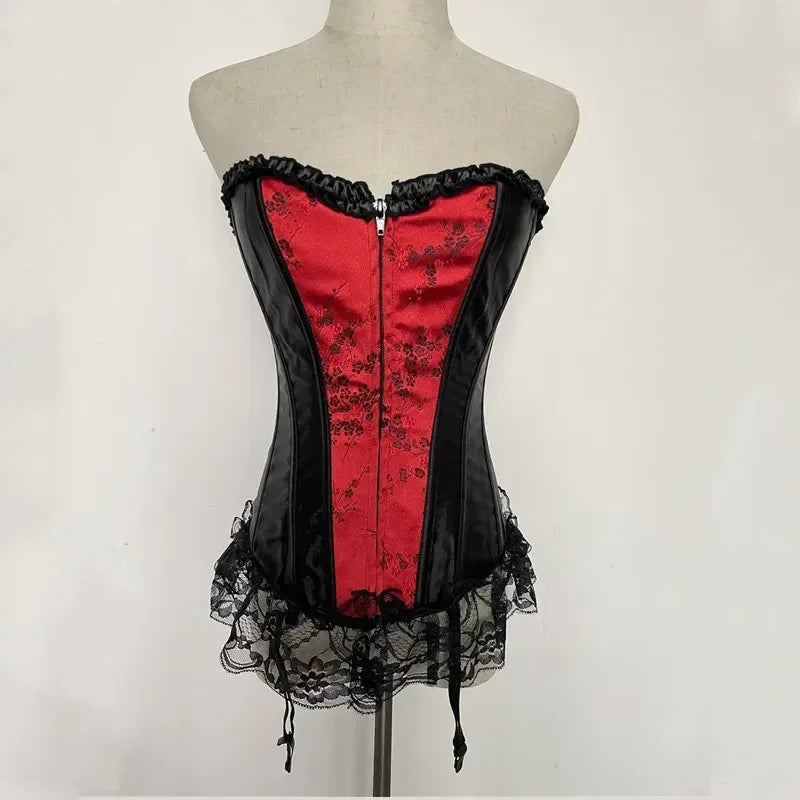 Sexy Lingerie with Garters Sets Women's Lace Hem Overbust Corset Lace Up Zipper Waist Body Shaper Boned Corset Bustier Plus Size