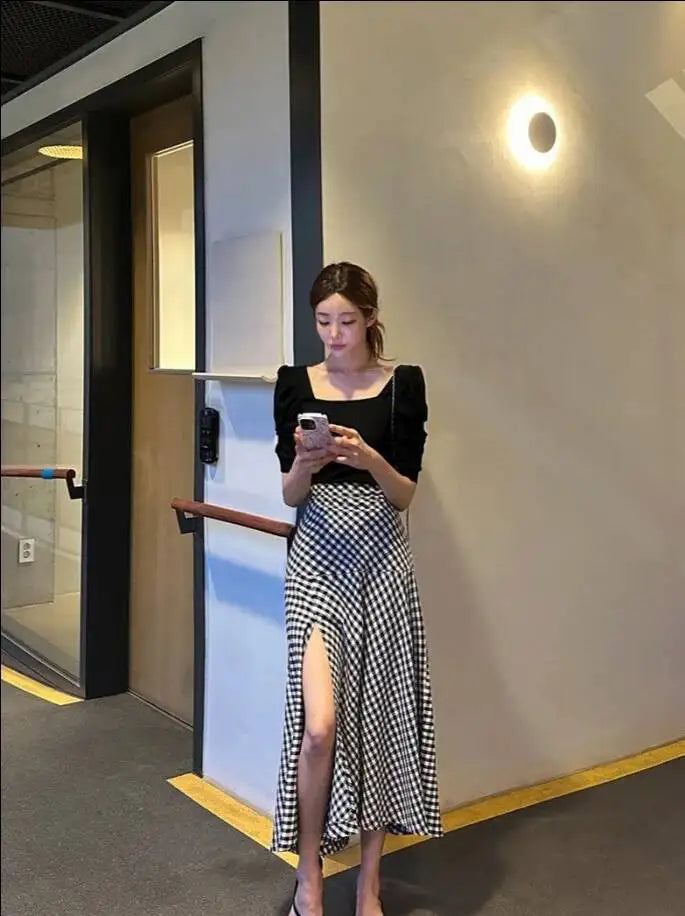 WOMENGAGA Korea Style 2023 Spring/Summer New High Waist Elegant Split Plaid Skirts Half Length Skirts Fashion Women 2023 22IV