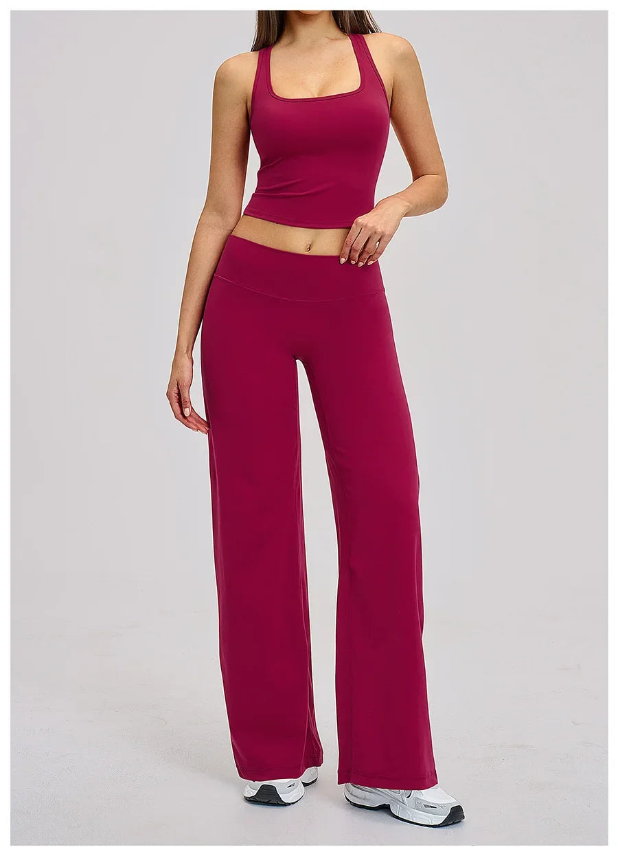 2 Piece Yoga Clothes Women Tracksuit Athletic Wear Pilates Fitness Suit Gym Workout Sets Push Up Sports Vest Wide Leg Pant Suit
