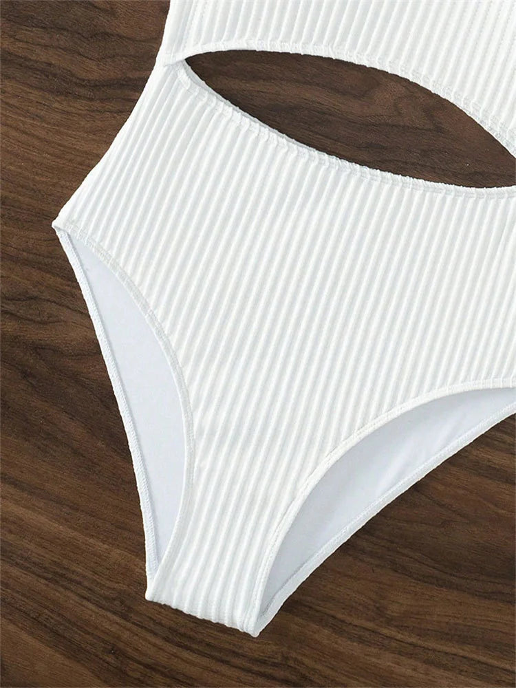 Sexy White One Piece Swimsuit Women New Hollow Out Swimwear 2024 Ribbed Bathing Suit Push Up Monokini Beach Swimming Suit Summer