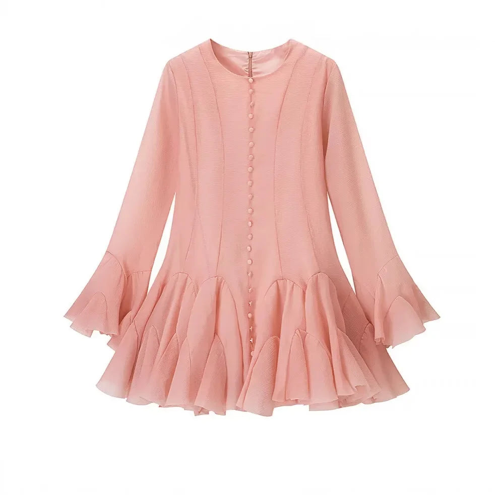 Women's Fashion Ruffled Hem Patchwork Short Dress Blush Pink Ruffled Mini Dress For Women Sleeves Front Button Hem Fashion T0PU