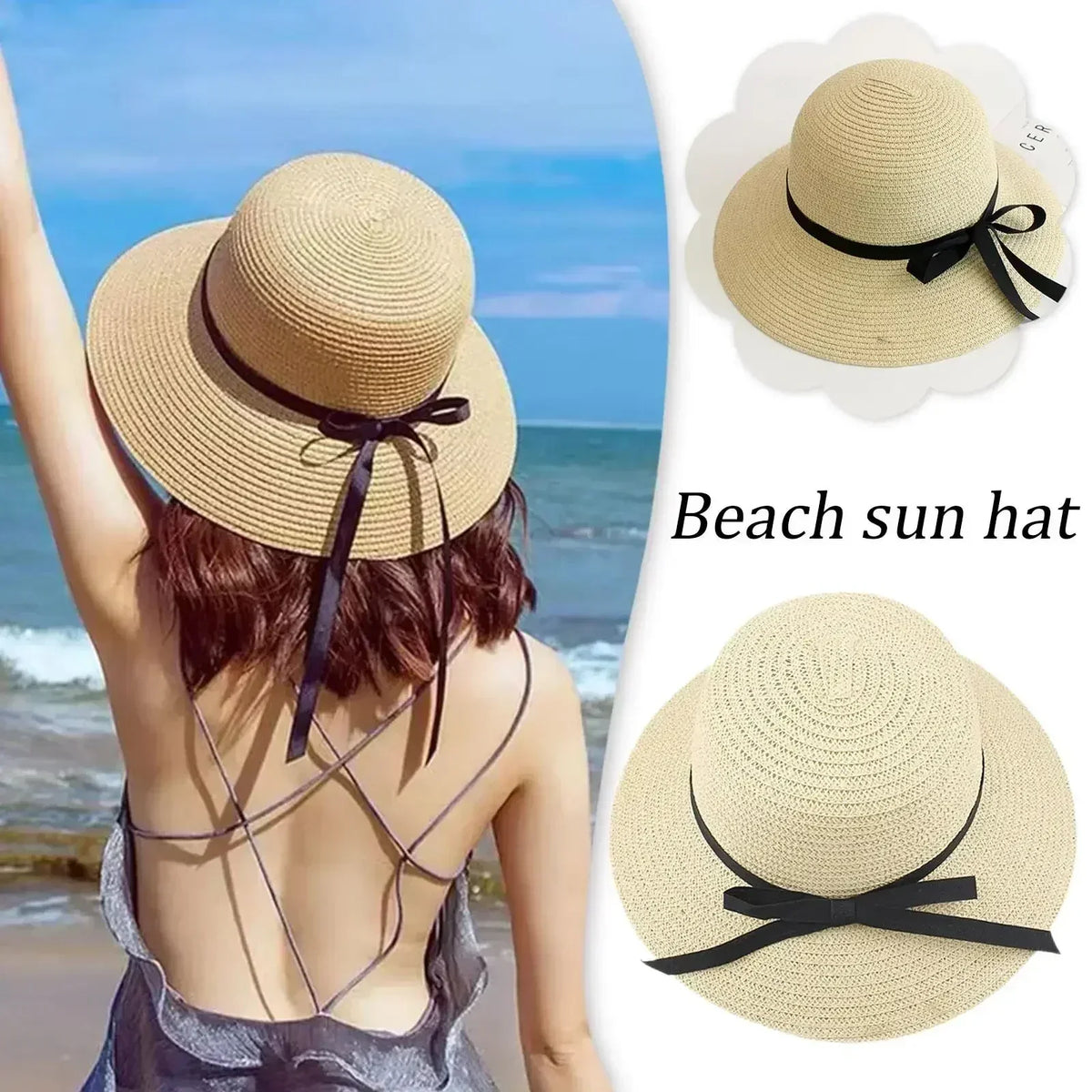 Summer Straw Hat Big Wide Brim Foldable Beach Sun Hat Straw Floppy Sun Block UV Protection Hat Ladies Outdoor Travel Straw Hat