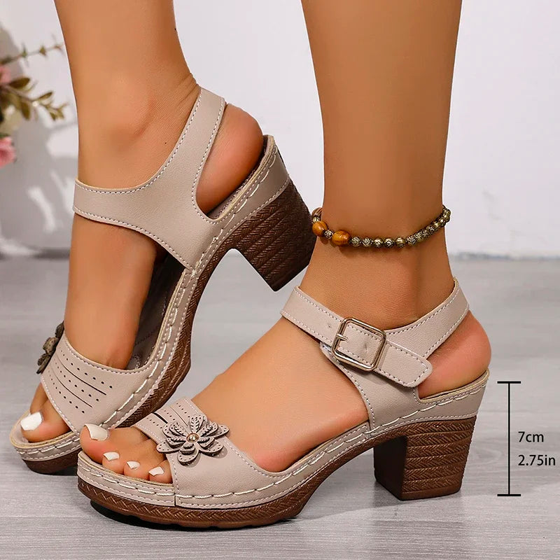 Vintage Flower Ankle Strap Sandals Women Summer 2026 Comfort Thick Heels Plus Size Sandals Elegant High Heeled Mother's Shoes