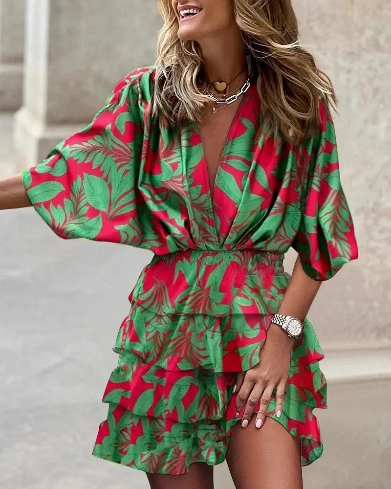 Women Fall V-Neck Loose Batwing Hafl Sleeve Print Dress Fashion Elegant Lace-up Ruffle Beach Mini Dresses Casual Streetwear 2024