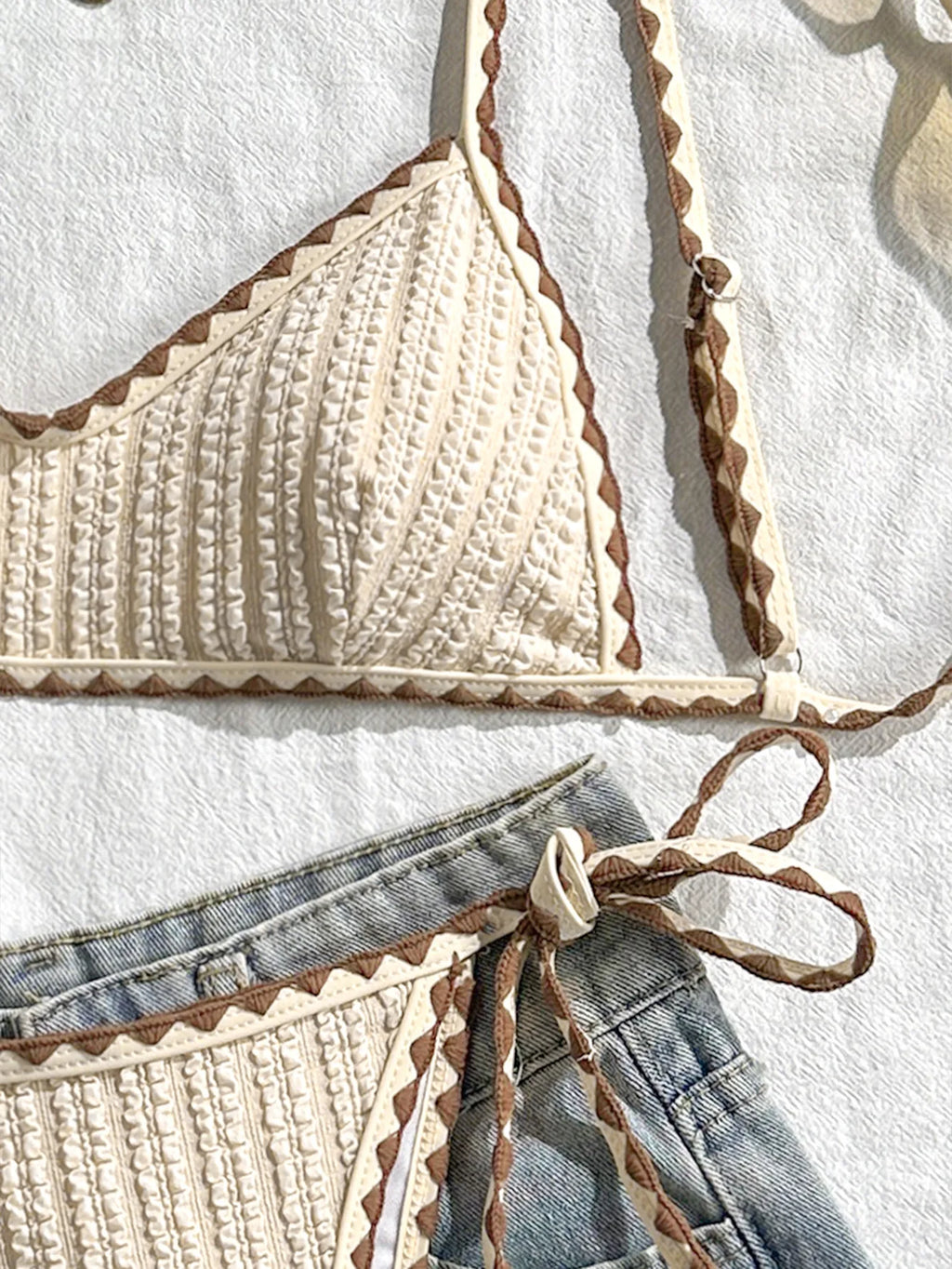 Sexy Triangle Bikini Set 2026 Women Beige Patchwork Pleate Push Up Bra Tie Side Thong Swimsuit Beach Bathing Suit Micro Swimwear