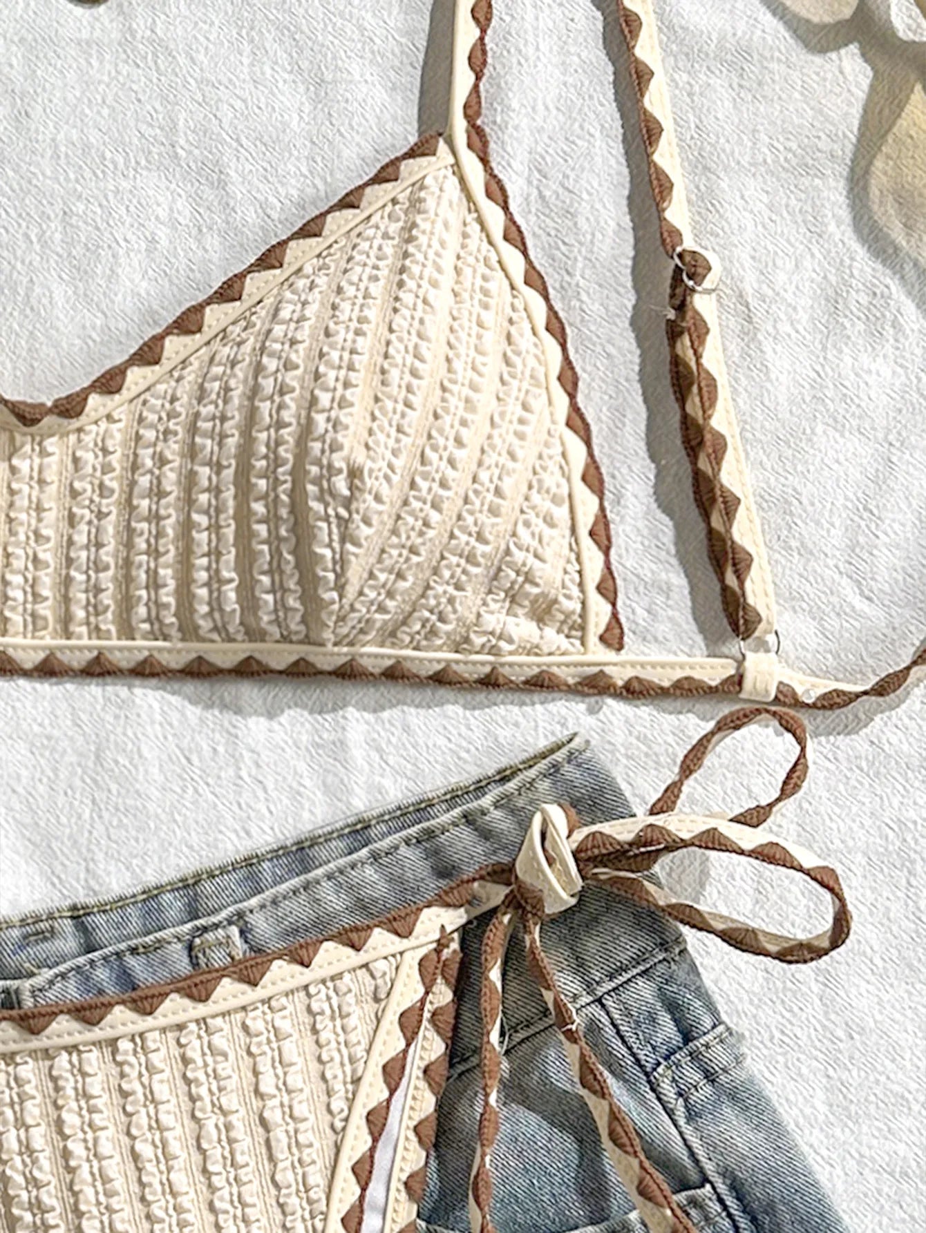 Sexy Triangle Bikini Set 2026 Women Beige Patchwork Pleate Push Up Bra Tie Side Thong Swimsuit Beach Bathing Suit Micro Swimwear