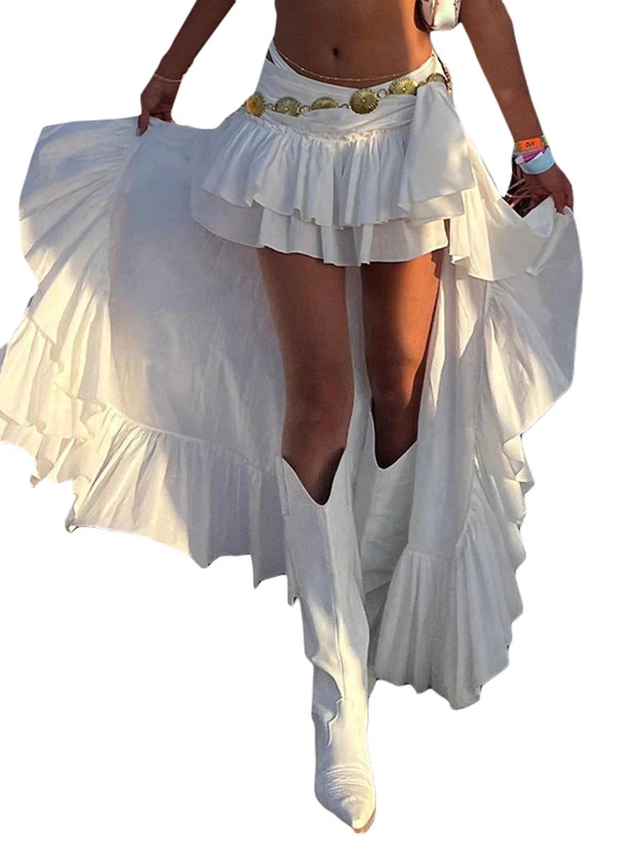Women's Elastic Band Waist Flowy Skirt Irregular Ruffle Asymmetrical Midi White Boho Skirt Streetwear