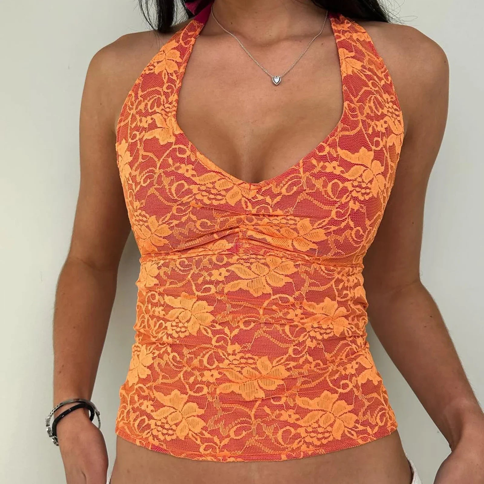 Women's Solid Color Summer Lace Halter Tank Tops Sleeveless Deep V-Neck Backless Slim Fit Vest Streetwear