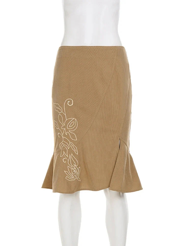 Trendix Women's Vintage Midi Skirt 2026 Summer High Waist Slim Ruffle Fishtail Skirts Party Side Slit Elegant Embroidery Skirt