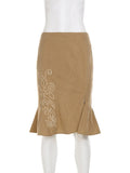 Trendix Women's Vintage Midi Skirt 2026 Summer High Waist Slim Ruffle Fishtail Skirts Party Side Slit Elegant Embroidery Skirt