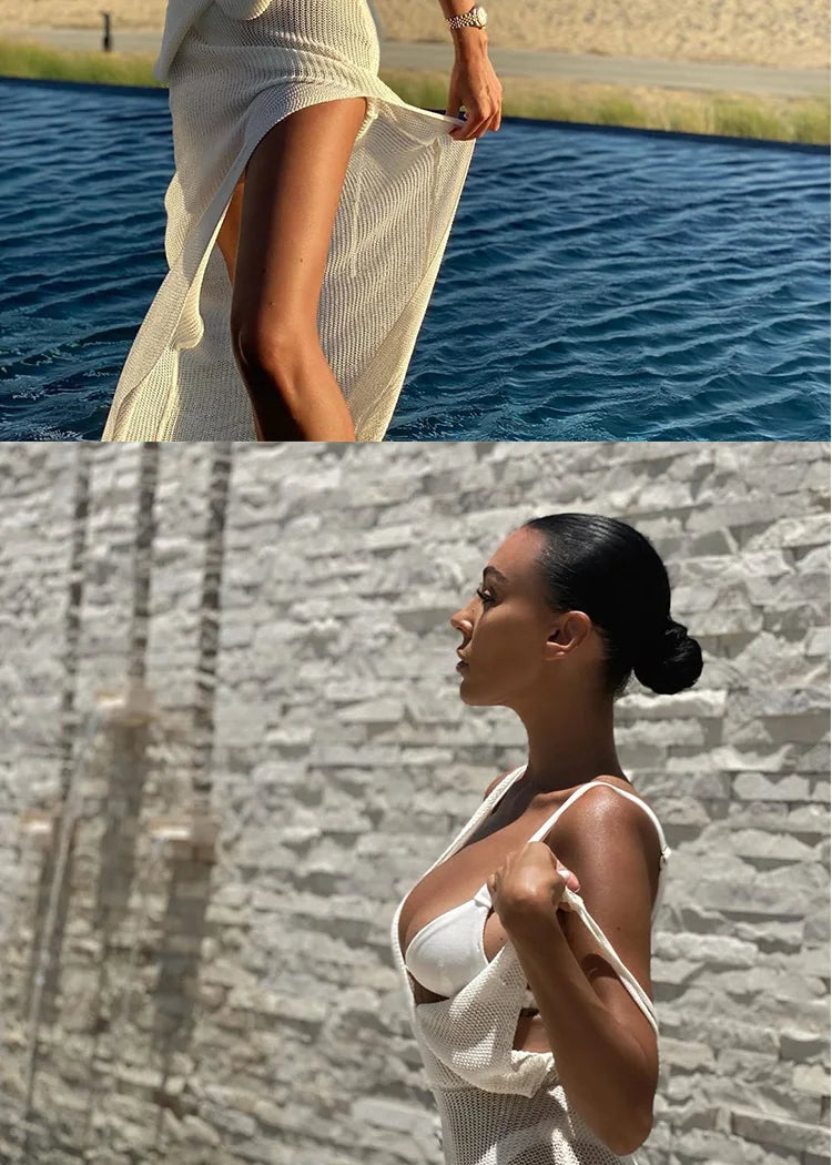 2023 New Crochet Beach Maxi Dress for Women See Through Sexy Bikini Plunge Backless Bandage Sleeveless Lacing Split Long Dresses