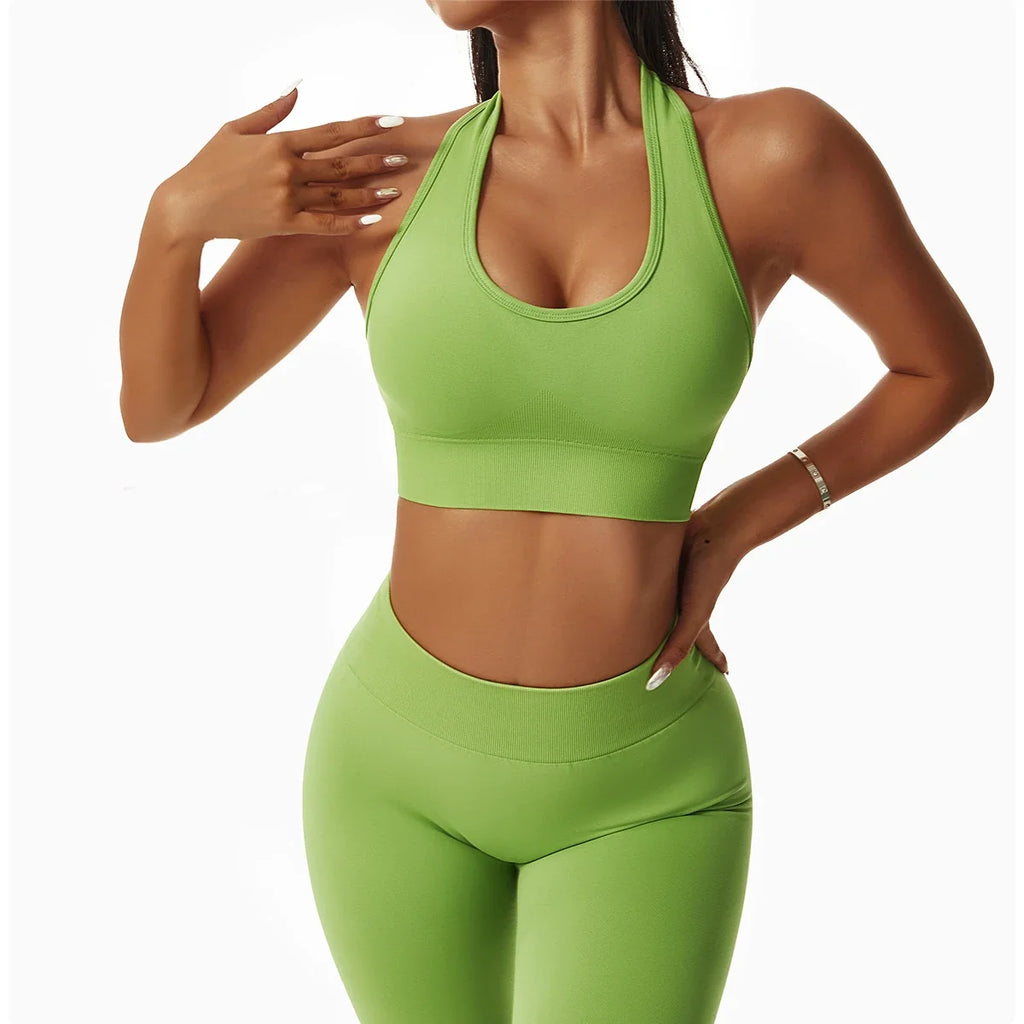 Sexy Halter Yoga Bra Gym Workout Push Up Running Sports Underwear Gathering Sports Vest Beautiful Back Fitness Top