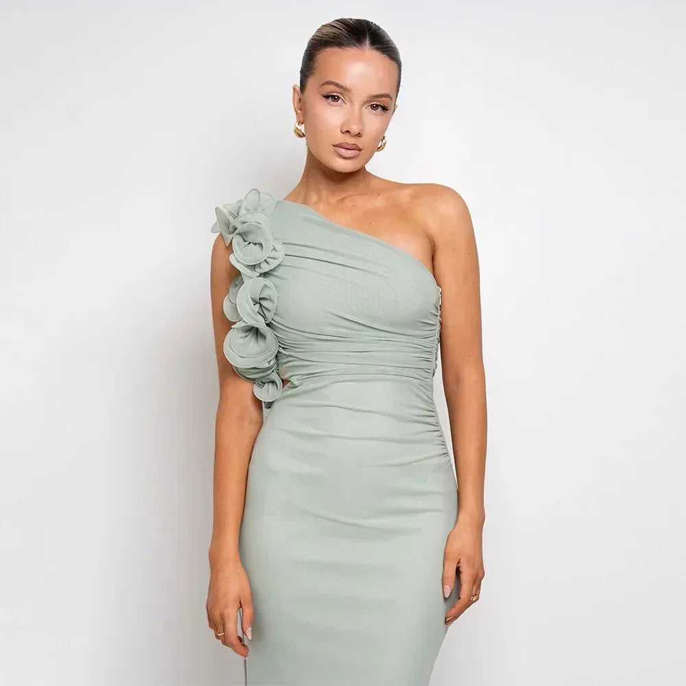Articat Elegant Sleeveless Slant Shoulder Flower Dress Women Spring/Summer 2025 Sexy Mesh Wrap Hip Dress Party Evening Dress