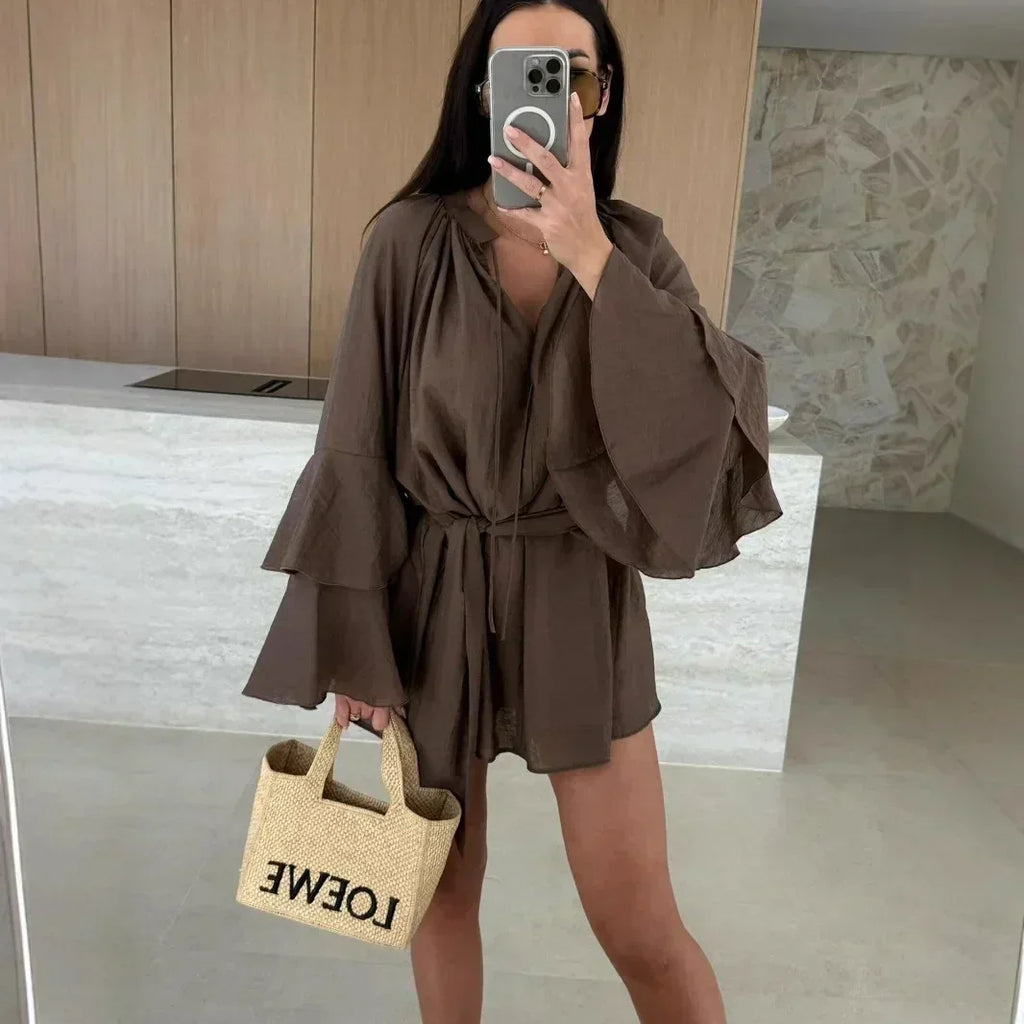 Elegant Fold Dress Women Brown Deep V-neck Long Sleeve Mini Dresses Female 2025 Spring Summer Fashion Loose Lady Vestidos