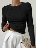 Women's Casual Rib-Knit Solid Color Long Sleeve T-Shirt Visible Stitching Slim Fit O-Neck Comfort Top Spring/Fall