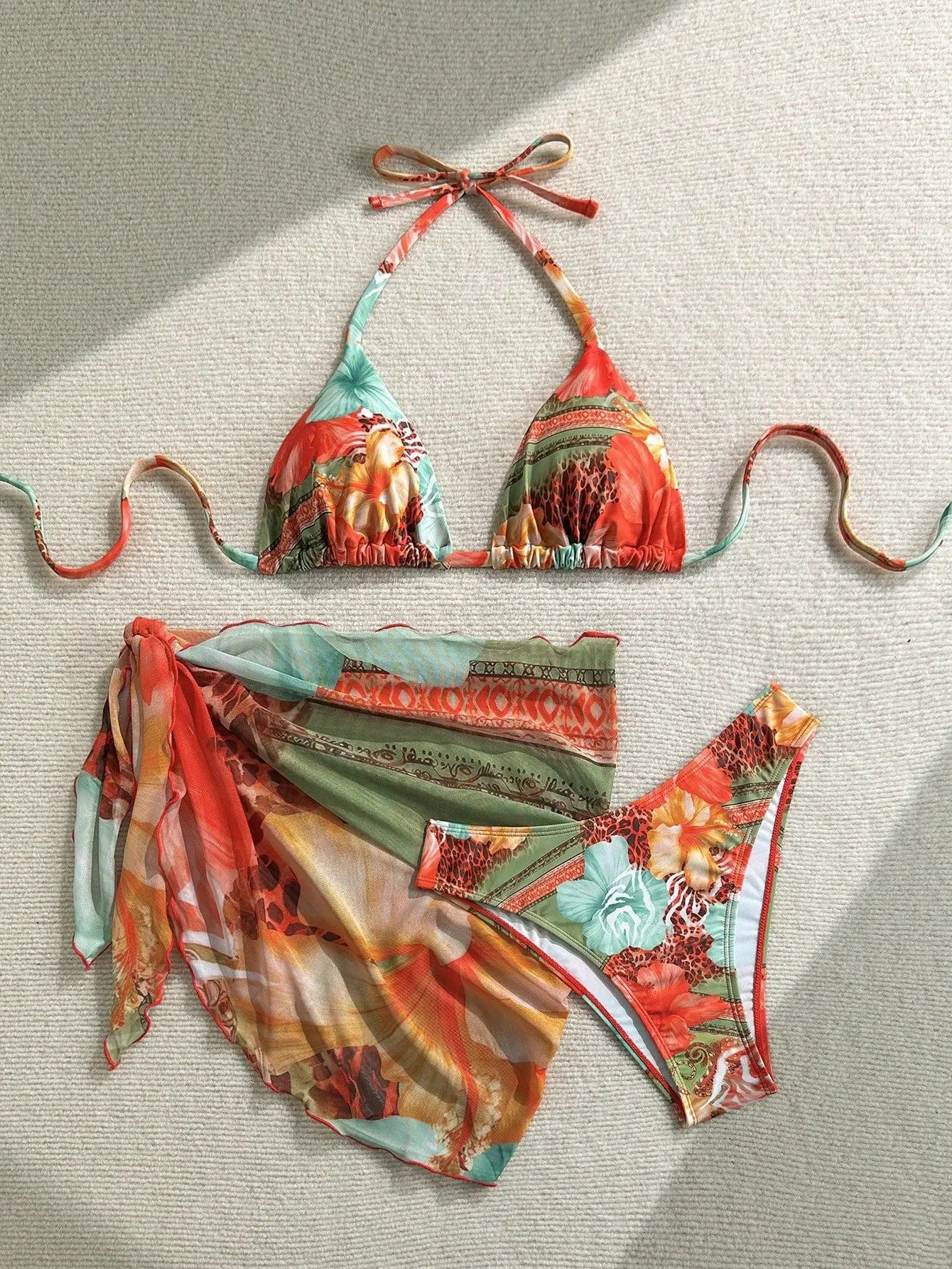 Sexy Skirt 3 Piece Bikinis Sets 2026 Women Orange Floral Tiger Print Push Up High Waist Swimsuit Bathing Suit Swimwear Biquini