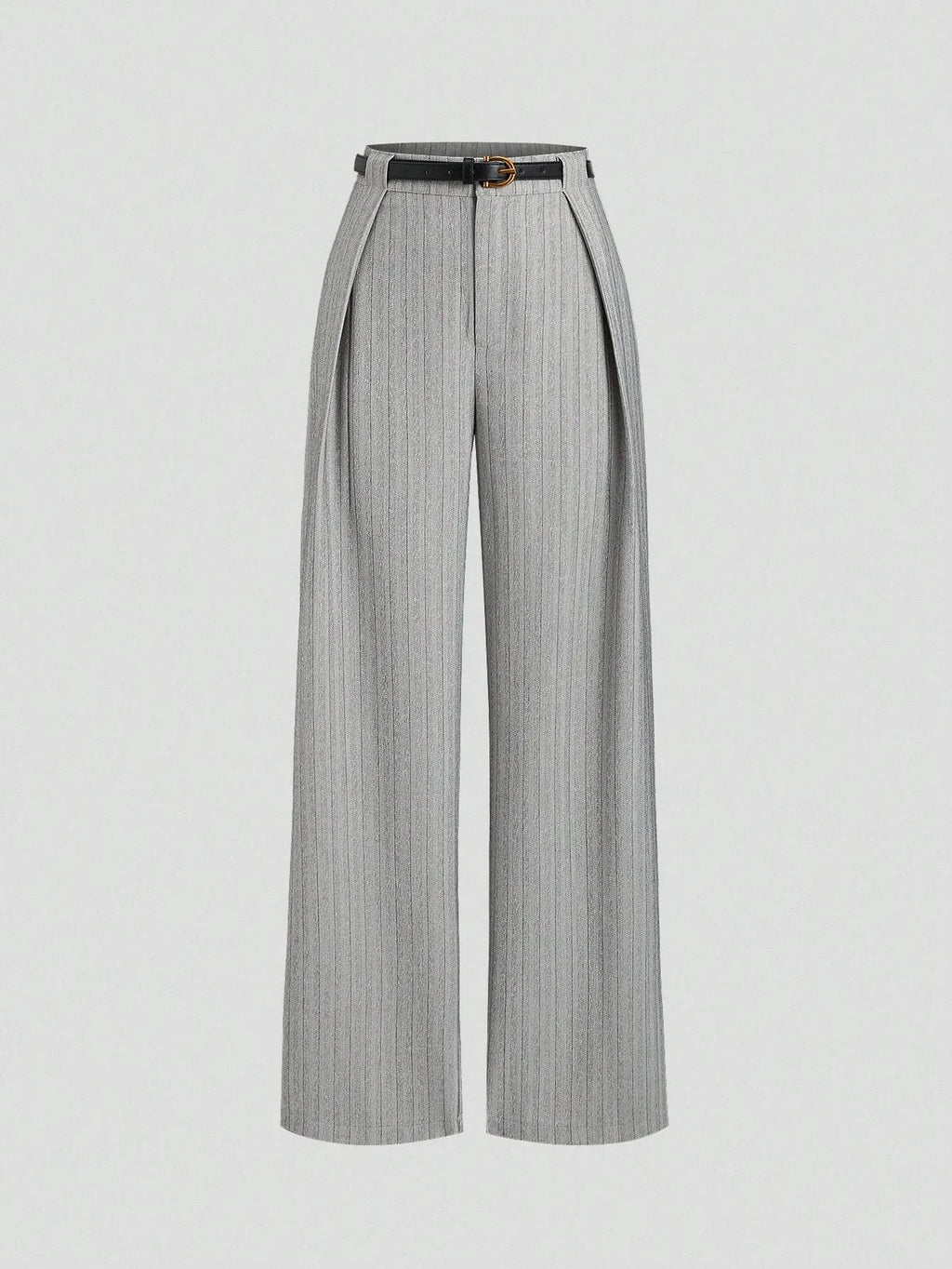 Women's Elegant Grey Striped Pleated Office Lady Pants Casual Wide Leg Loose Long Trousers Spring/Fall