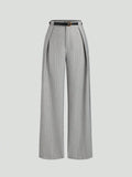 Women's Elegant Grey Striped Pleated Office Lady Pants Casual Wide Leg Loose Long Trousers Spring/Fall