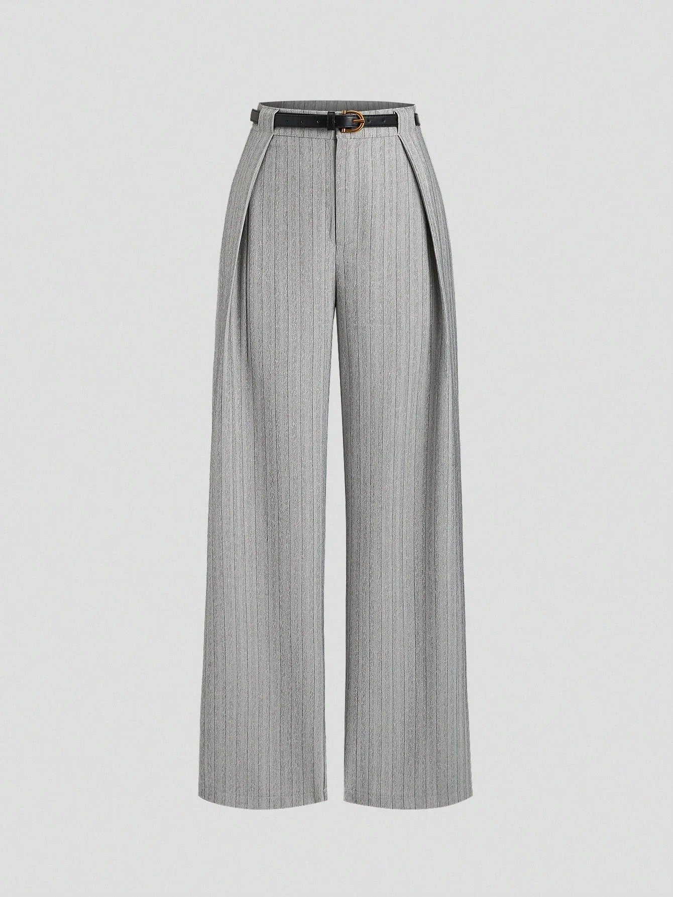 Women's Elegant Grey Striped Pleated Office Lady Pants Casual Wide Leg Loose Long Trousers Spring/Fall