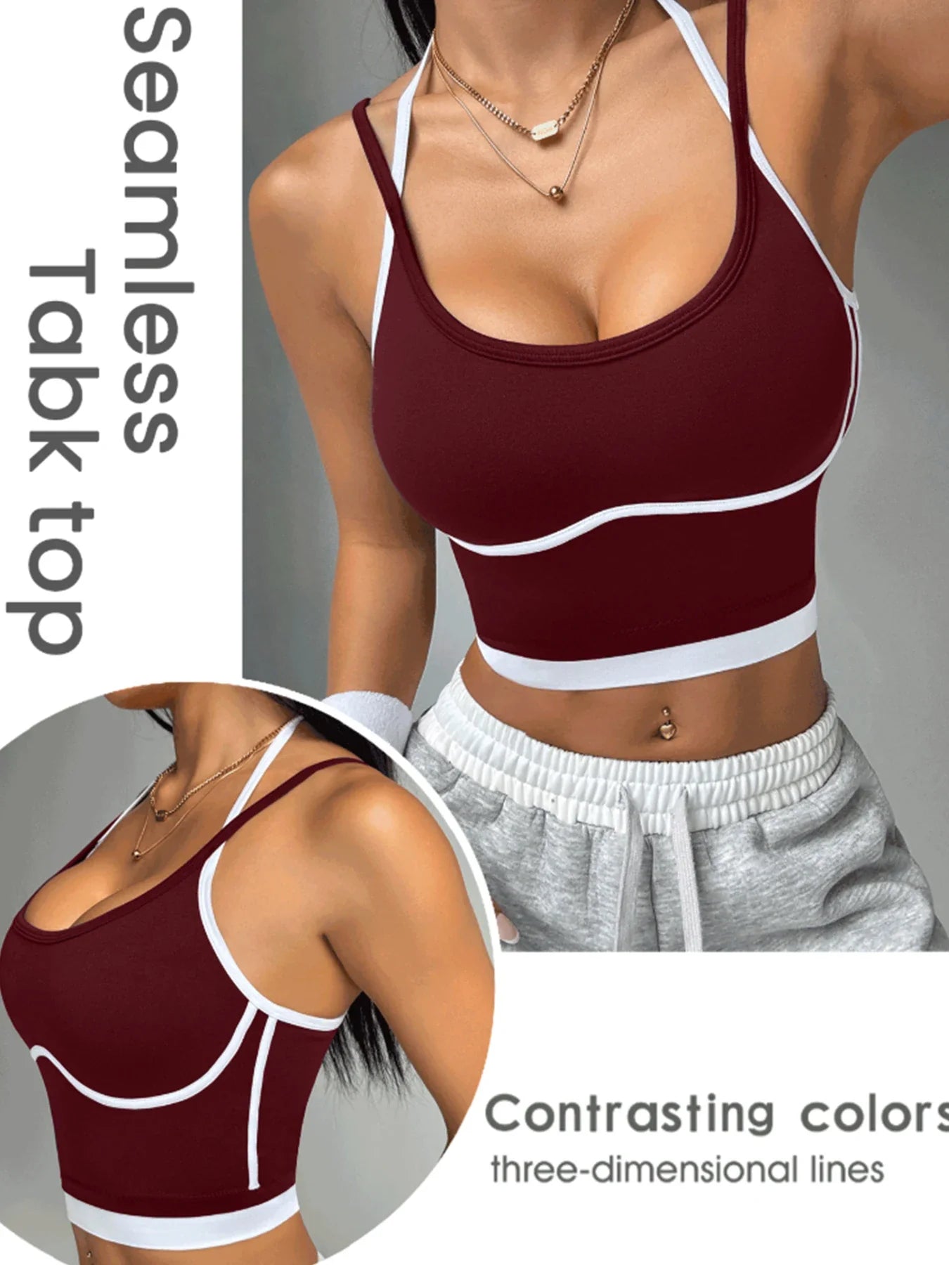 Women's Contrast Trim Halter Crop Cami Top - Sleeveless Ribbed Fitted Yoga Sports Bra Tank Top for Workout Gym Casual